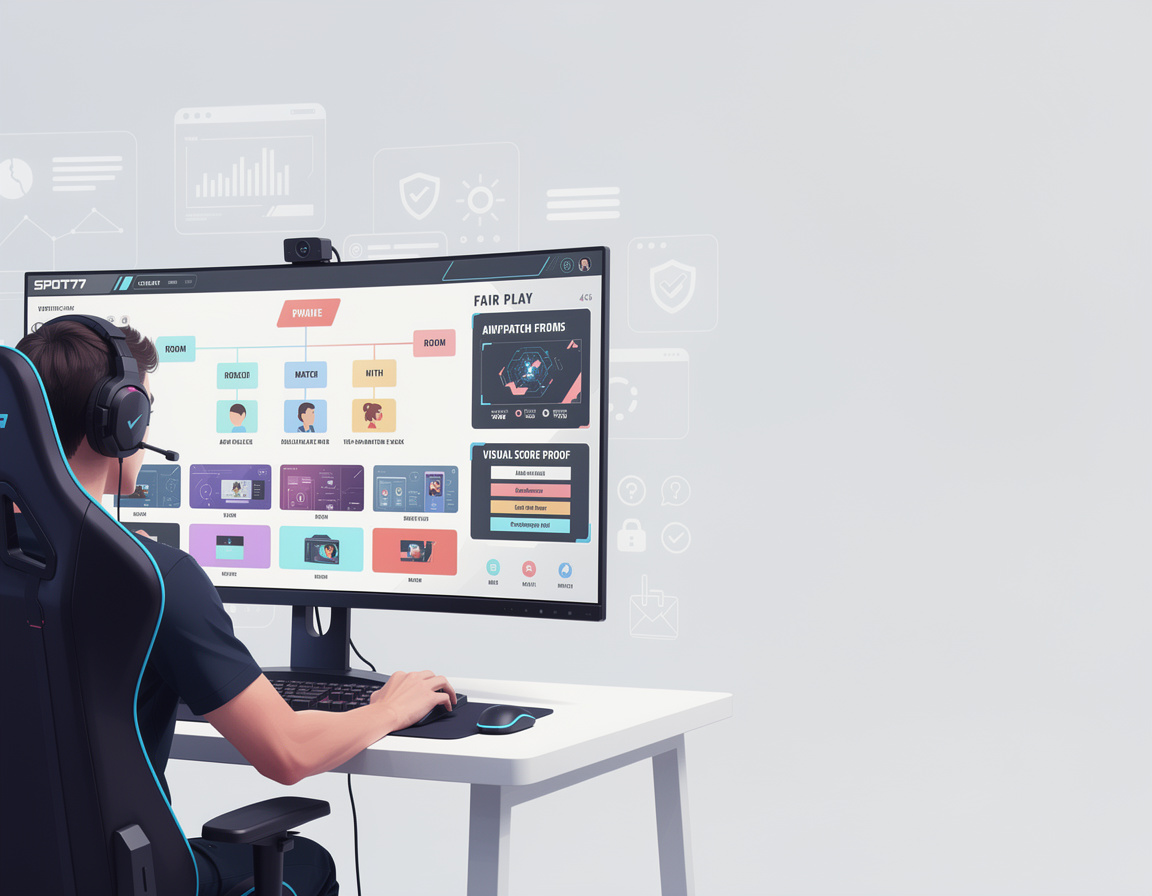 Ilustrasi panduan anti cheat peserta SPOT77 dengan bracket, room match, dan bukti skor